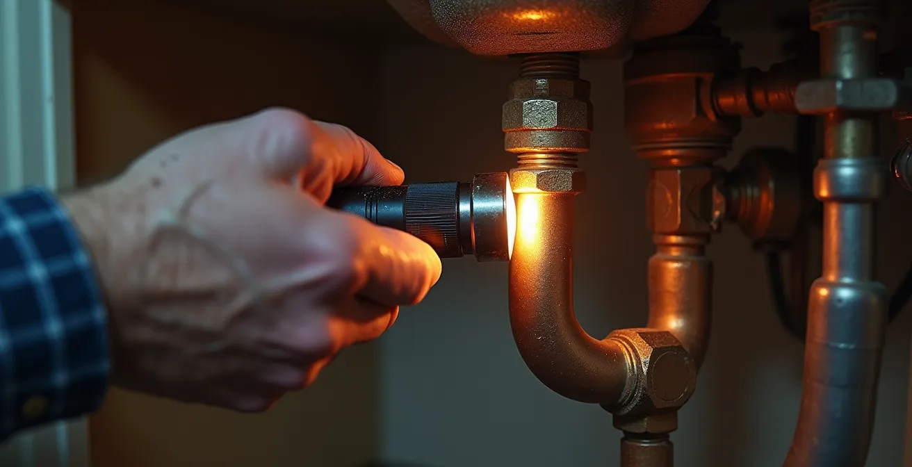 Mains d'un plombier examinant un joint de tuyau avec une lampe torche